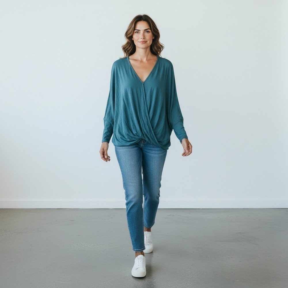 Kori America Plus Women's XL Teal Cross Over Draped Front V-neck Oversized Tunic